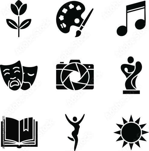 A set of nine black silhouette icons illustrating various arts, culture, and hobby concepts like music, painting, theater, photography, and literature