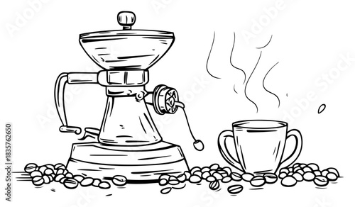 Hand drawn manual coffee grinder with beans and steaming cup vector sketch