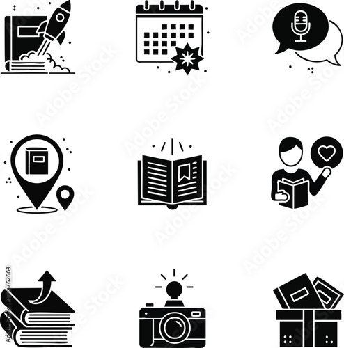 A set of solid glyph icons for publishing, reading, and media. Vector symbols represent book launch, podcasts, author events, and reader favorites