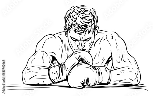 Tired muscular boxer resting on ropes hand drawn vector sketch portrait