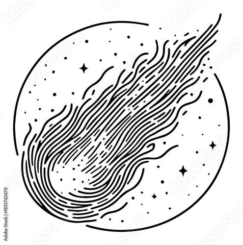 Falling comet or meteor with stars celestial space vector line art icon