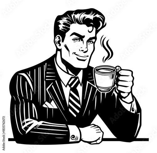 Retro pop art style handsome businessman drinking coffee in suit vector illustration