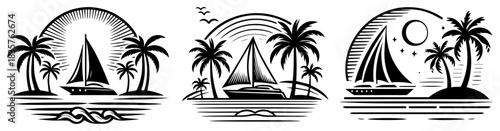 Set of tropical summer island badges with sailboat palm trees and sun vector illustration