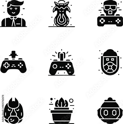 A set of solid glyph icons for video games and fantasy themes. Includes controllers, gamer avatars, characters, and magical items for UI design