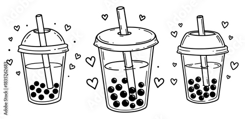 Set of cute bubble tea plastic cups with straws and tapioca pearls vector illustration