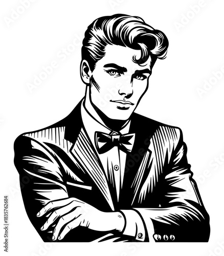 Handsome retro gentleman wearing tuxedo suit and bow tie vector portrait