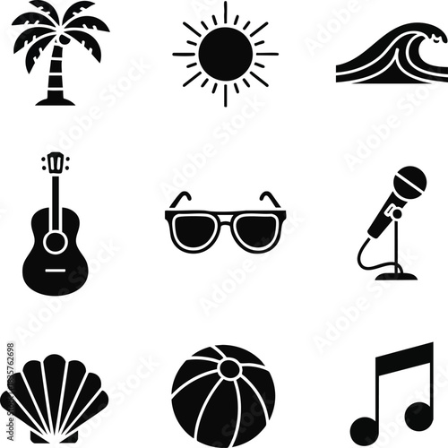 A vector icon set featuring essential summer vacation elements like a palm tree, sun, wave, guitar, sunglasses, beach ball, and music notes