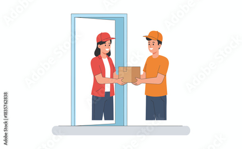 Delivery person handing package to customer at front door, completing successful transaction with a smile, showcasing convenience and efficiency.