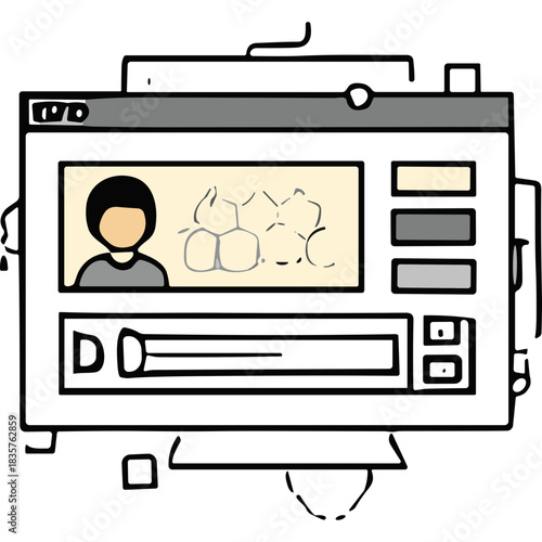 Hand Drawn Digital Interface Featuring A Profile Avatar And Content Video Player With Playback Controls And Social Media Elements On A Clean White Background With Abstract Line Art Overlay