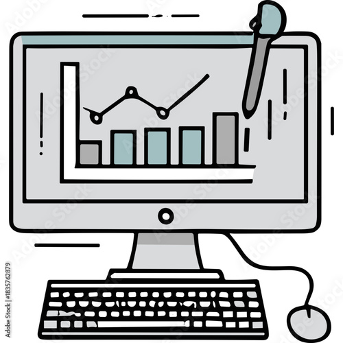 Hand drawn illustration of a computer monitor displaying a bar chart and line graph with a stylus pen pointing to the screen showing business analytics and data visualization on a white background