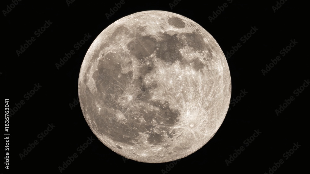 Fototapeta premium phase. A detailed closeup of the full moon, showcasing its textured surface against the dark expanse of space. STEM education sheets.