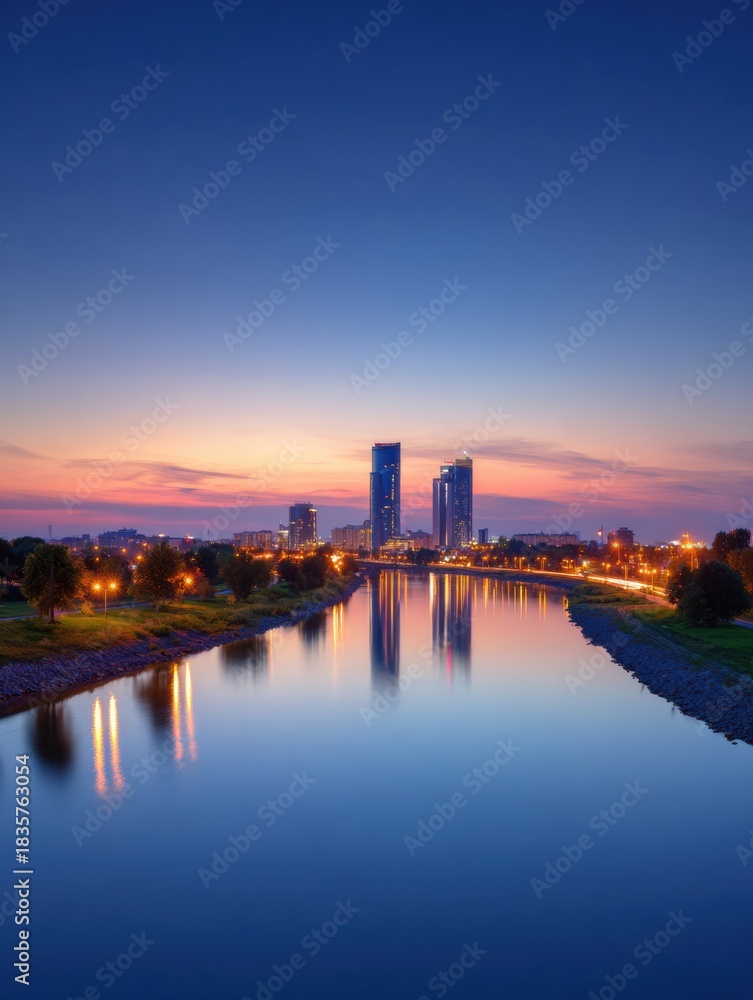 Fototapeta premium City Skyline Reflects in River During Blue Hour With Twilight Sky Providing Space for Text Above