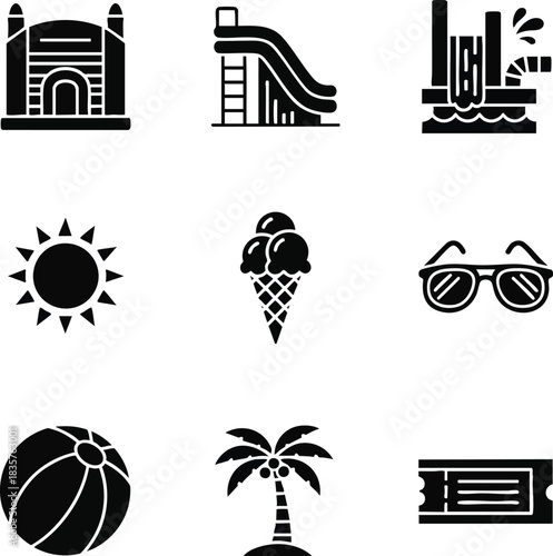 Black silhouette vector icons for summer fun and vacation. This collection features amusement park attractions, beach items, holiday essentials
