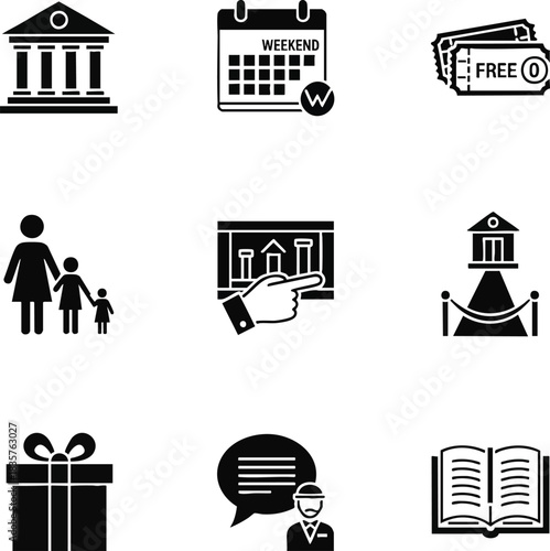 Black vector icons depicting cultural, educational, and leisure activities