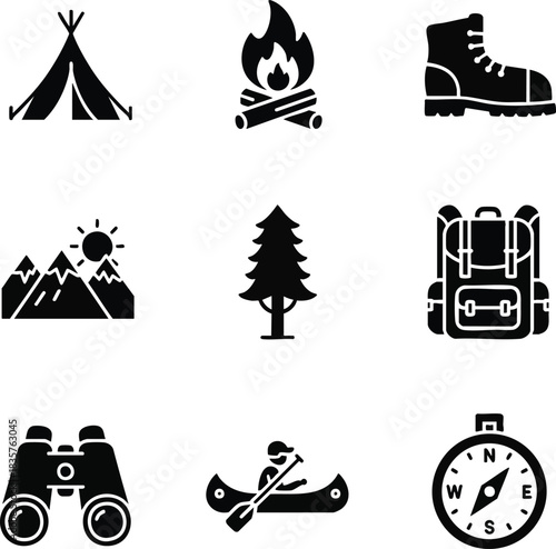 Camping and outdoor recreation icons in vector format. The set shows adventure, travel, vacation, and nature exploration equipment and concepts