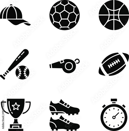 Collection of black and white sport icons including balls, a baseball bat, trophy, cleats, whistle, cap, and stopwatch