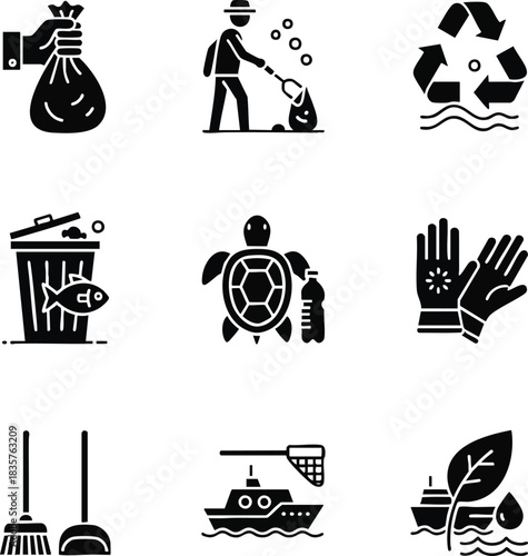 Collection of black and white vector icons representing environmental cleanup efforts and conservation
