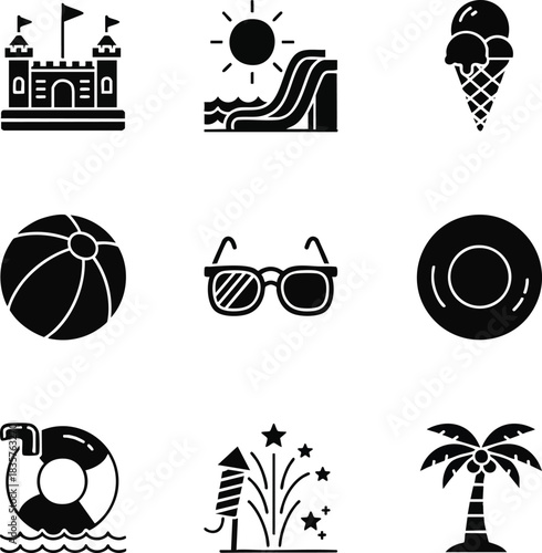 Collection of black glyph icons representing summer vacation and travel activities