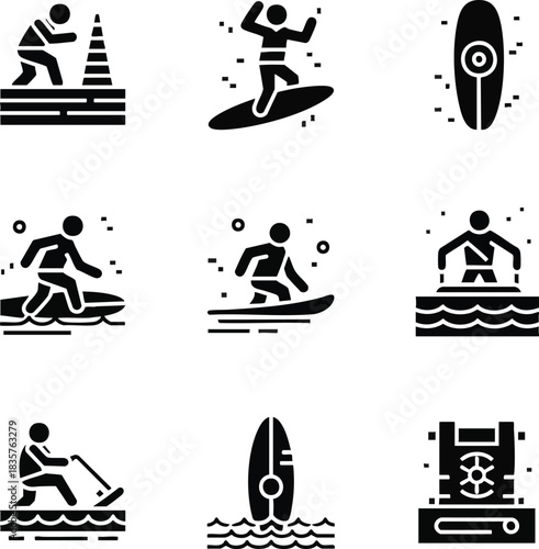 Collection of black glyph icons representing water sports such as surfing, wakeboarding, and essential safety equipment