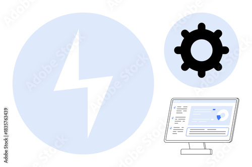 System management, automation processes, productivity tools, digital operations, technological efficiency, software interface. A gear, lightning bolt and computer screen are . System management