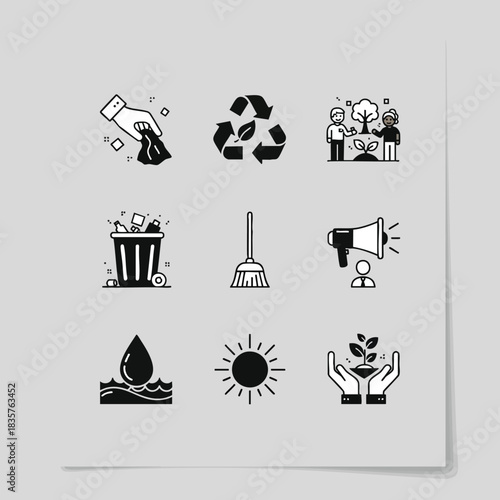 Collection of ecological icons representing sustainability and environmental protection