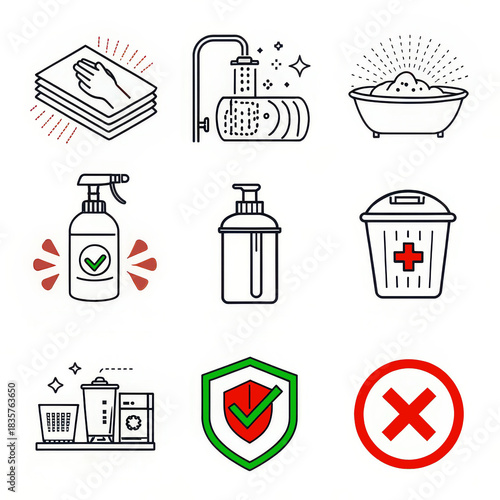 Sanitation and hygiene icon set with cleaning supplies, soap, disinfectant, safety symbols, and waste disposal, perfect for health guides, cleaning service apps, public safety posters, or hygiene