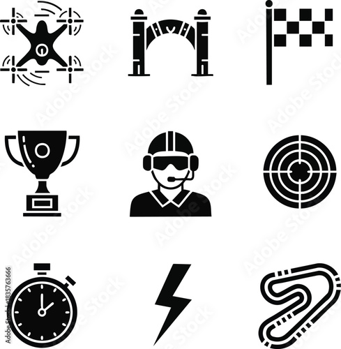 Drone racing vector icons set, including pilot, drone, race track, gates, and trophy. Perfect for FPV, competition, and technological sport themes