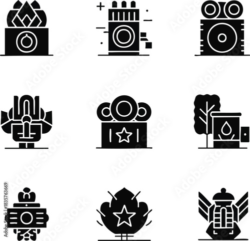 Diverse black glyph icons represent industrial processes, natural resources, agriculture, and brewing