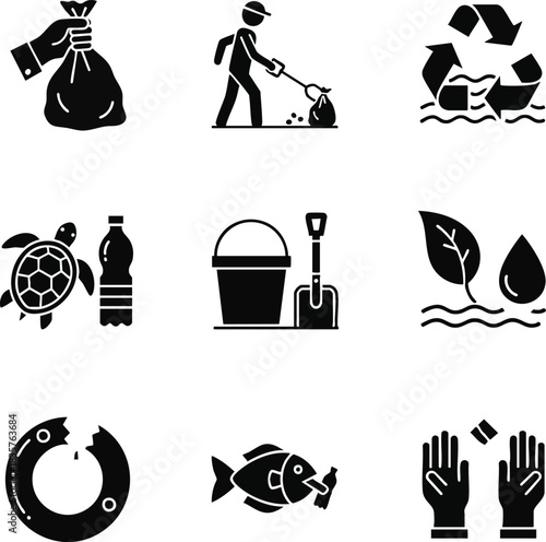 Ecology and conservation icon set. Solid black pictograms about recycling, litter picking, plastic pollution, and protecting nature and wildlife