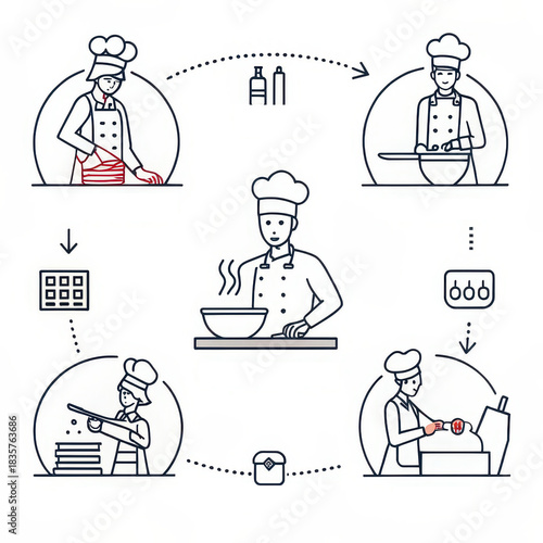 Professional cooking process icon set with chefs preparing, seasoning, cooking, and serving food, perfect for culinary infographics, cooking class materials, recipe guides, or food industry training