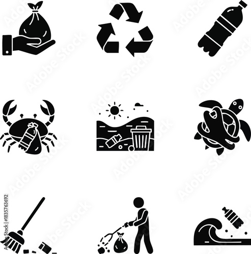 Environmental icons set depicting pollution, recycling, and conservation. Includes elements of littering, trash, garbage, waste, and sea animals