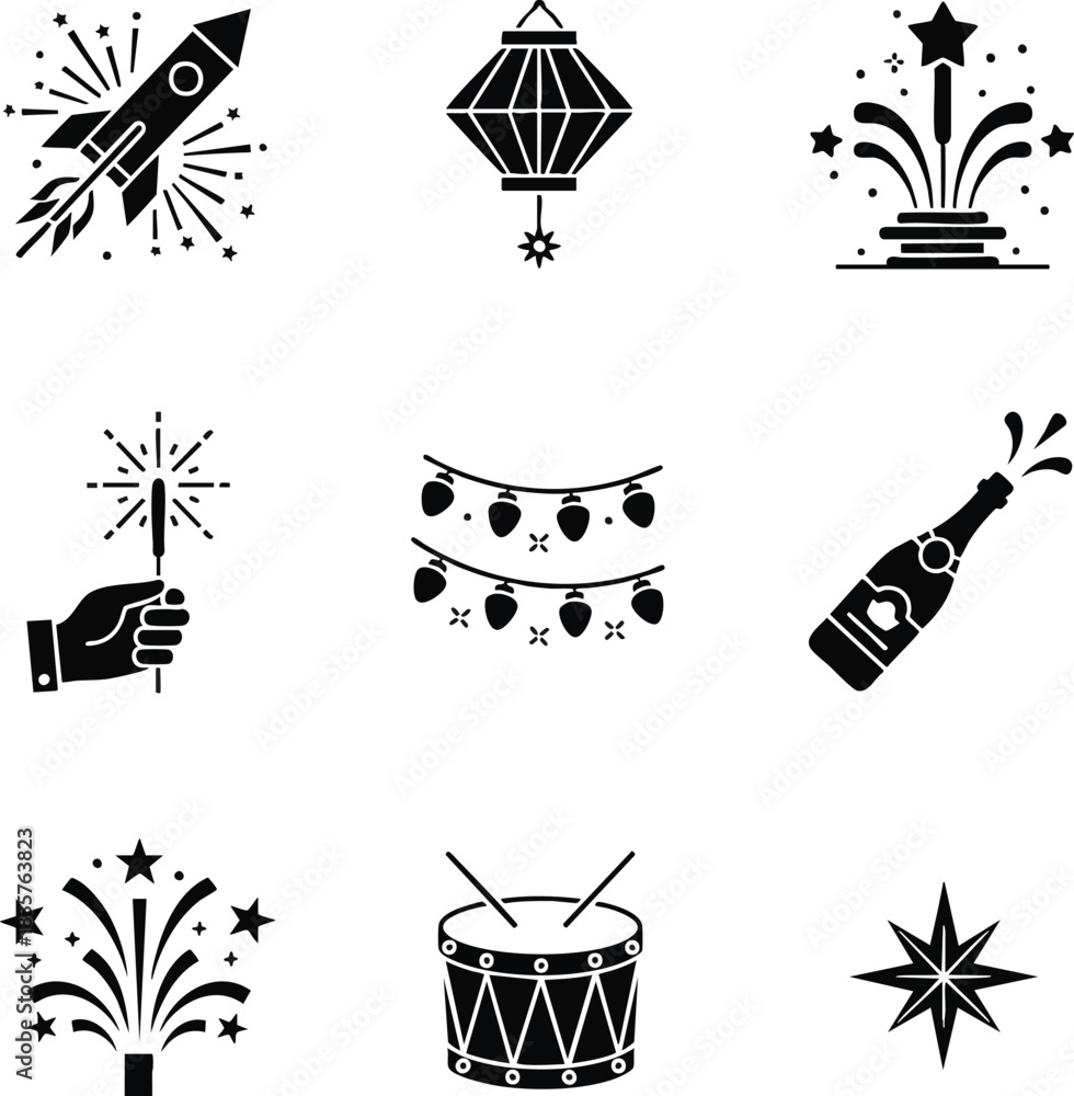 Fototapeta premium Festive vector icons set featuring celebration elements. Includes rocket, lantern, fireworks, sparkler, fairy lights, champagne, drum, and star