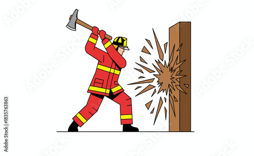 Firefighter smashing wooden wall with axe during rescue operation, showcasing bravery and determination in emergency situation.