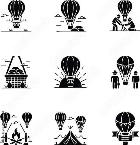 Hot air balloon black glyph icons set illustrating aeronautical travel, adventure, camping, and festival activities