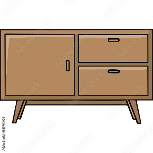 Mid Century Modern Style Wooden Sideboard With Two Drawers and One Cabinet Door in Light Brown Color Simple Flat Design Isolated on Black Background