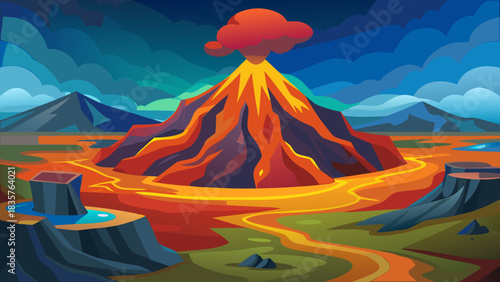 Eruption Scene With Volcano and Flowing Lava in Colorful Landscape