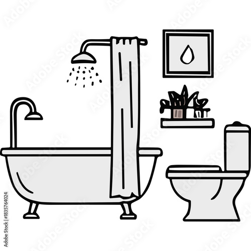 Minimalist Bathroom Illustration with Clawfoot Tub Shower and Toilet in White and Gray Tones Featuring a Decorative Wall Art and Plant Accents Clean and Modern Interior Design Concept