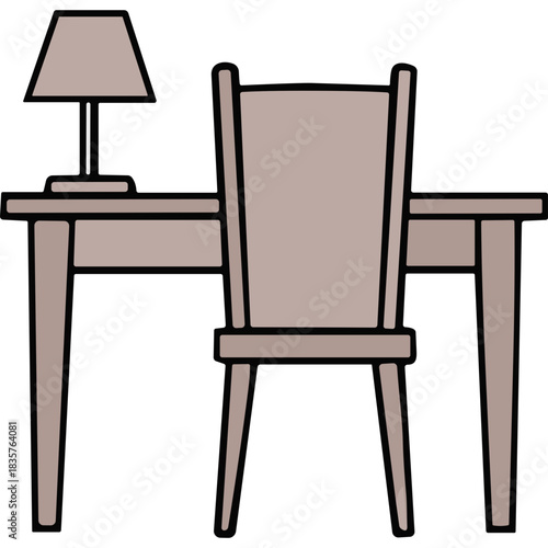 Minimalist brown wooden desk and chair with a simple lamp on a black background clean illustration with no distractions ideal for study or office themes