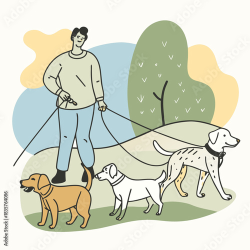 Dog Walker With Three Dogs in a Park Setting