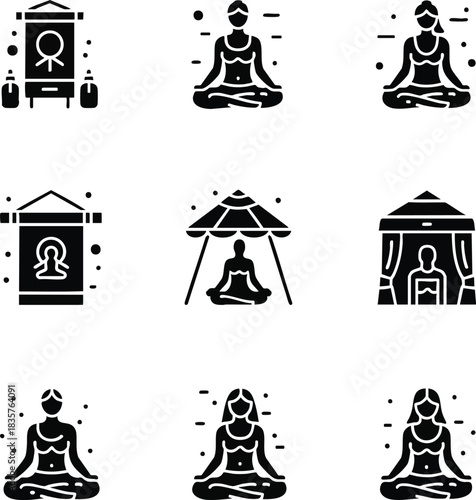 Meditating woman vector icons set. Yoga and meditation symbols for wellness, spa, and mental health concepts. Mindfulness and relaxation illustration