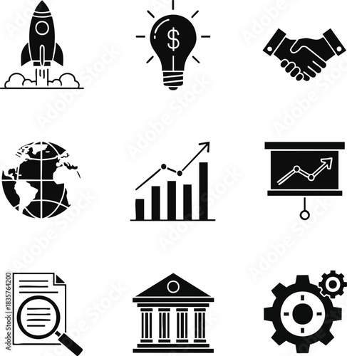 Modern business and finance glyph icons illustrate startup, innovation, global reach, growth, partnership, research, and institutional operations