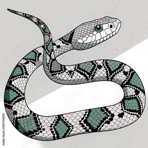 Stylized snake illustration with patterned scales in black, green, and white tones, ideal for wildlife posters, tattoo designs, reptile-themed art prints, educational materials, or fashion graphics