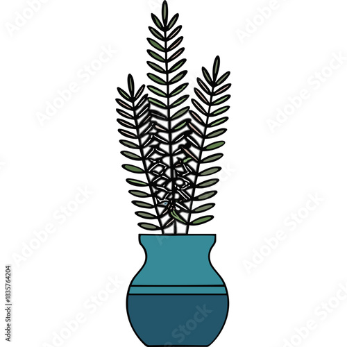 Minimalist illustration of a green potted plant with thin leaves in a teal blue ceramic vase with horizontal stripes isolated on a black background