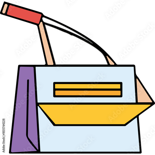Minimalist Illustration of a Light Blue Handbag with Red Handle and Yellow Flap on Black Background