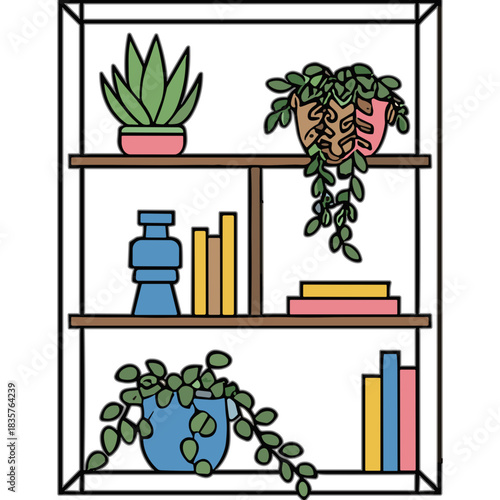 Minimalist Illustration Of A Tall Bookshelf Filled With Potted Plants Books And Decorative Vases Against A Black Background In A Clean Modern Style