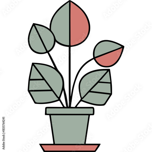 Minimalist Illustration of a Potted Plant with Stylized Green and Coral Leaves and Stem on a Black Background Simple Graphic Botanical Art