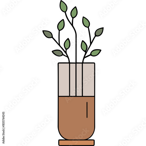 Minimalist Illustration of a Tall Ceramic Vase with Growing Green Leaves on a Black Background Featuring a Simple Geometric Design and Earth Tones