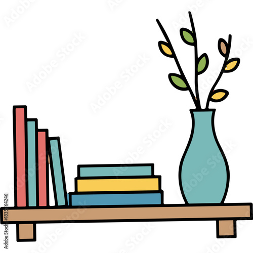 Minimalist Illustration of a Wooden Shelf with Colorful Books and a Light Blue Vase Holding Decorative Leaves