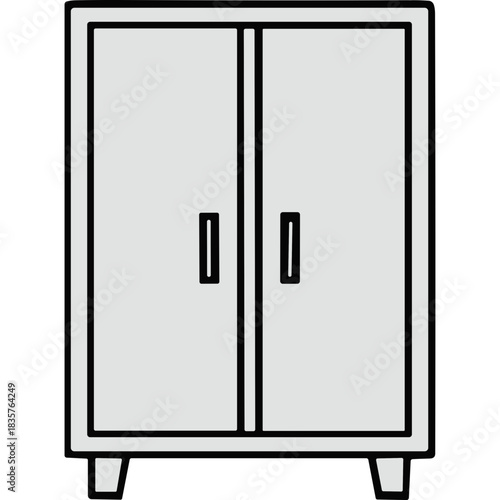 Minimalist Illustration Of A Two Door Wardrobe Or Cabinet With Handles And Legs In A Light Gray Color Palette And Bold Black Outline On A Simple White Background