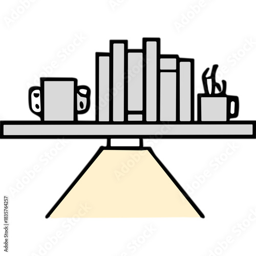 Minimalist Illustration Of Books And Mugs On A Shelf With A Lamp Beneath Casting Light In A Simple Aesthetic White Background